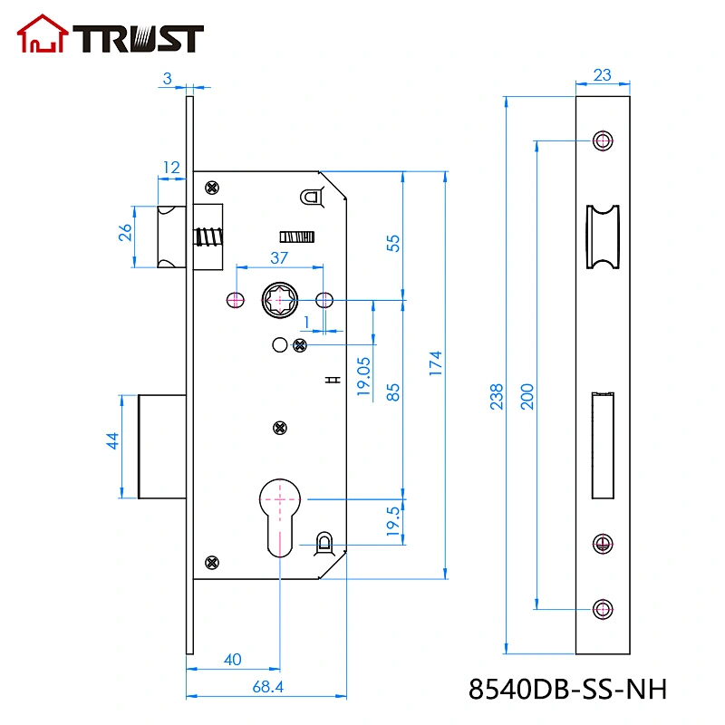 TRUST 8540-DB -SS-NH 40mm backset narrow mortise lock body mortise door locks for wooden or steel door Euro Standard lock body